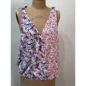 Gigio Floral Print Small Tank Top Tie Strap V-Neck Elastic Hem Blouse NWT